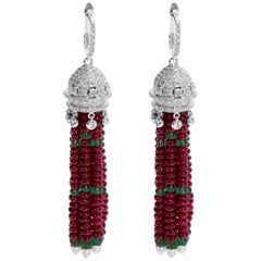 Diamond Emerald and Ruby Beads Drop Earrings in 18 Karat Gold 1.89 Carat