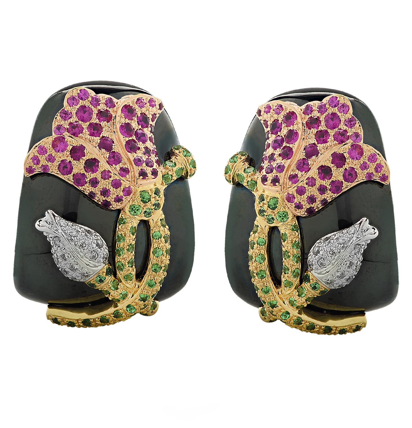 Modern Diamond, Emerald and Ruby Flower Earrings