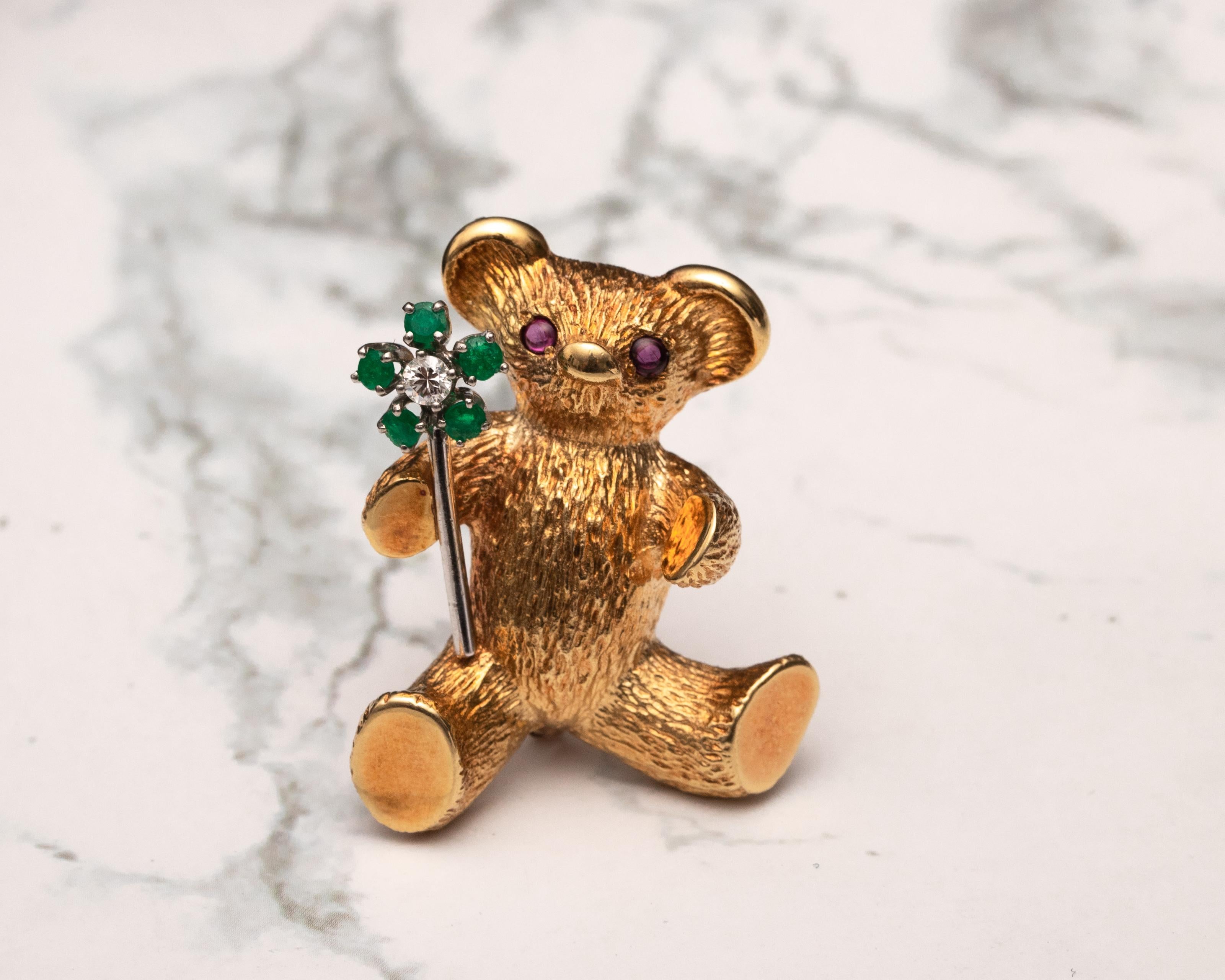 Round Cut Diamond, Emerald and Ruby Teddy Bear Brooch Pin, 18 Karat Gold