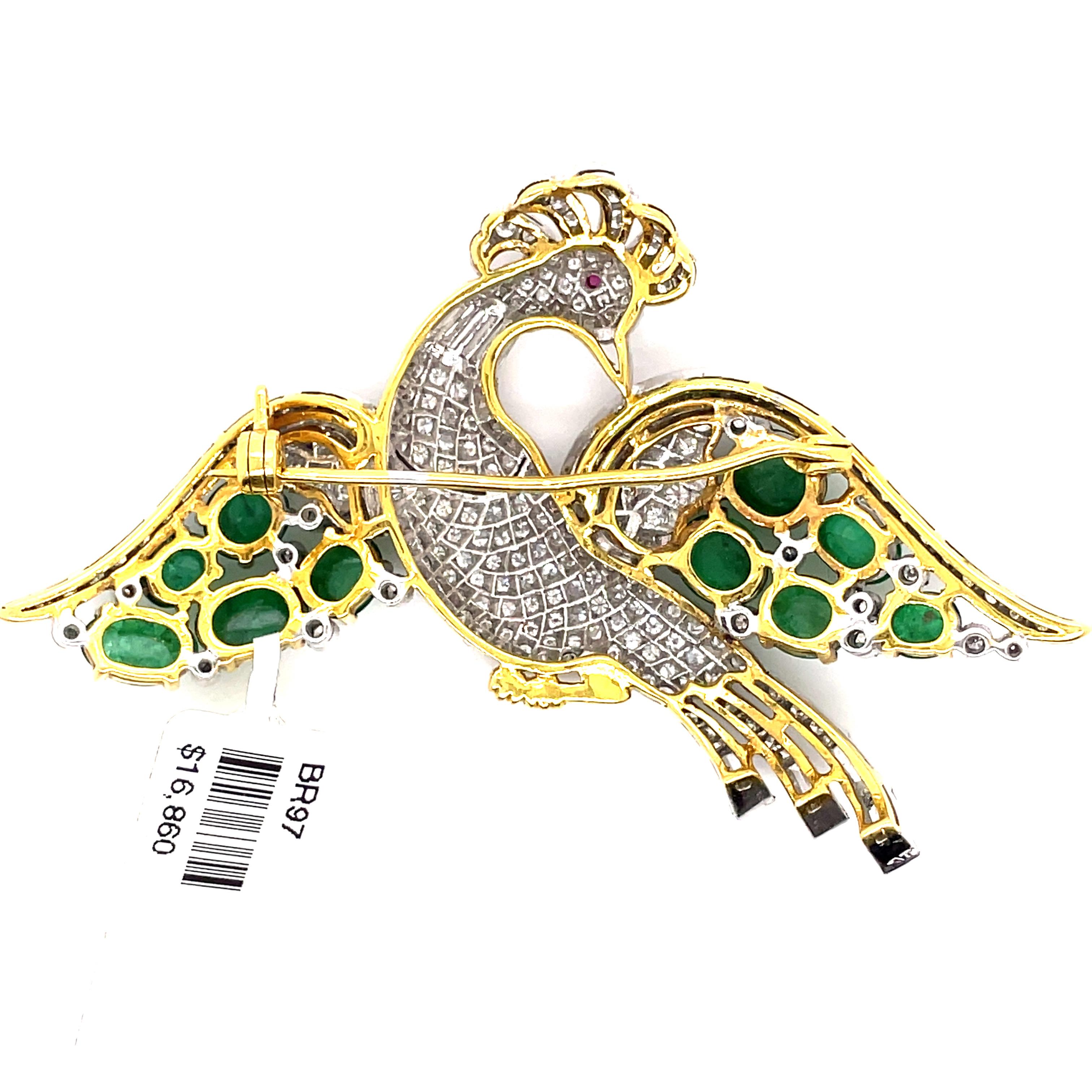 Contemporary Diamond, Emerald, and Ruby Vintage Bird Brooch White & Yellow Gold