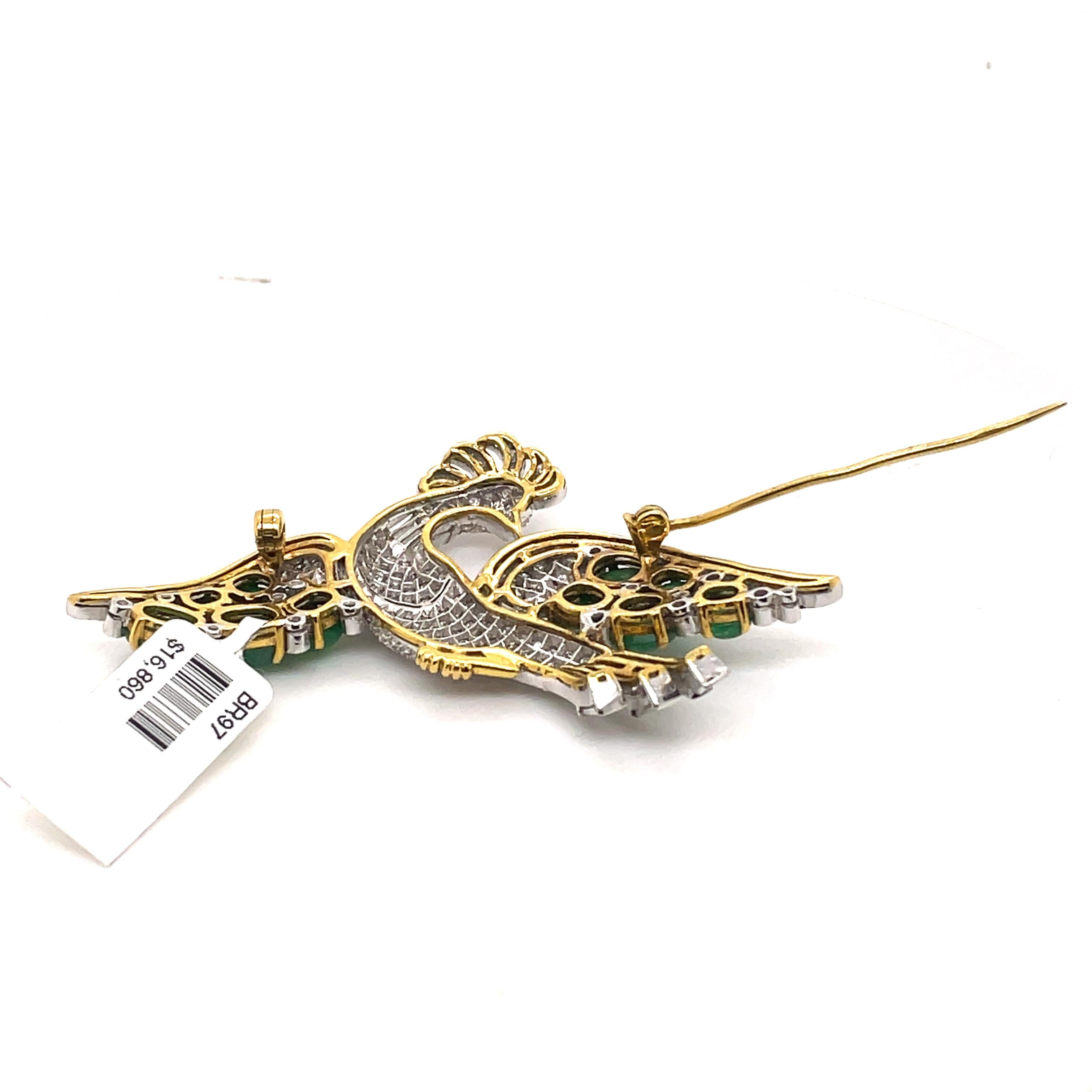 Cabochon Diamond, Emerald, and Ruby Vintage Bird Brooch White & Yellow Gold