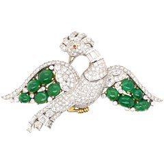 Diamond, Emerald, and Ruby Vintage Bird Brooch White & Yellow Gold