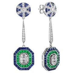 Diamond Emerald and Sapphire Art Deco Style Drop Earrings in 18K White Gold