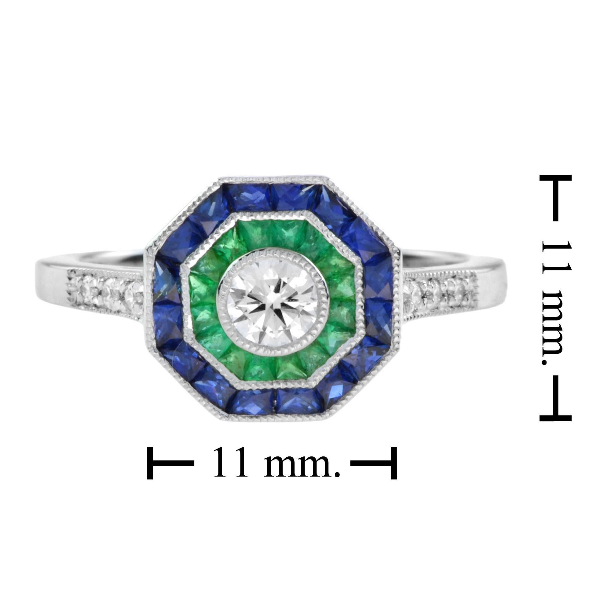 Anello di fidanzamento con diamante, smeraldo e zaffiro in stile Art Deco in oro bianco 18 carati in vendita 1