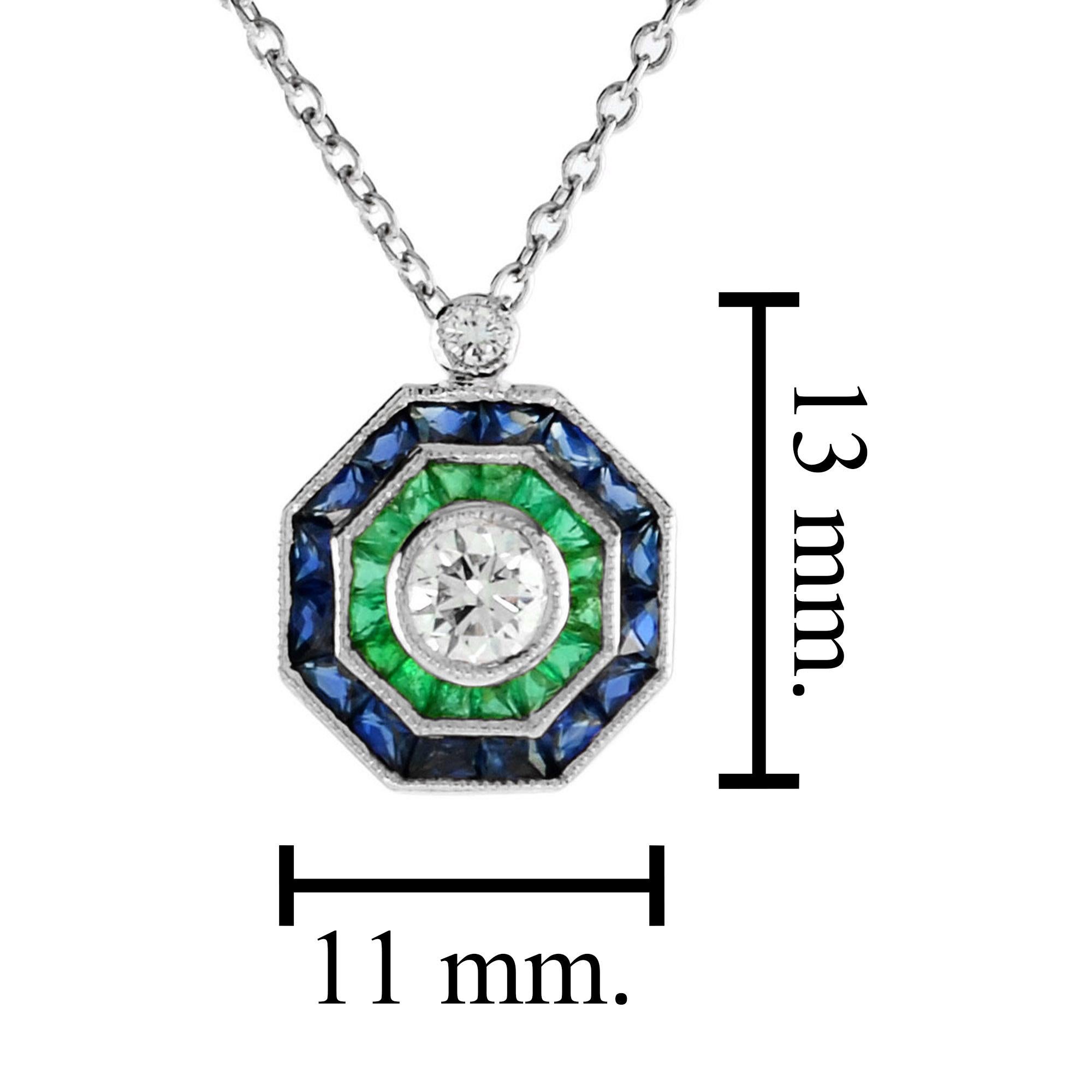 Diamond Emerald and Sapphire Art Deco Style Pendant Necklace in 18K White Gold (Rundschliff) im Angebot