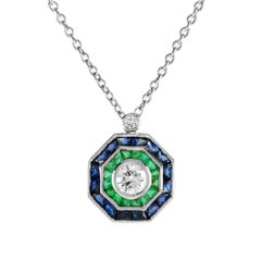 Diamond Emerald and Sapphire Art Deco Style Pendant Necklace in 18K White Gold