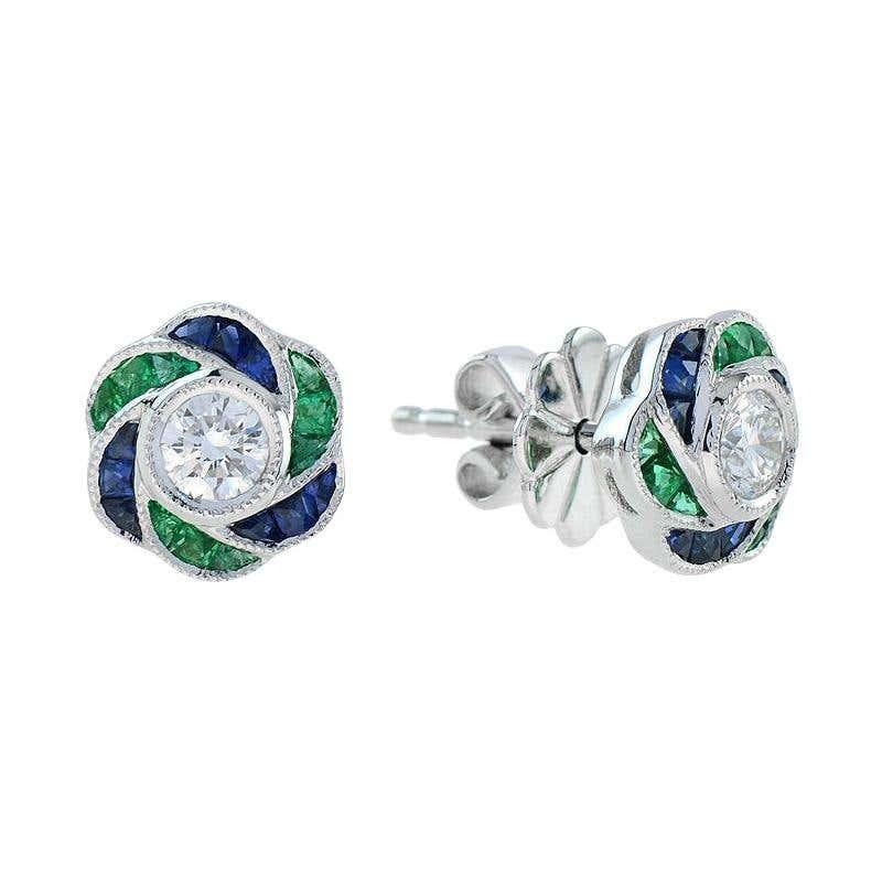 Diamond Emerald and Sapphire Art Deco Style Rose Stud Earrings in 14K White Gold