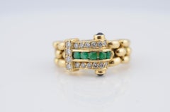 Diamond, Emerald and Sapphire Cabochon Ring in 18 Karat Yellow Gold