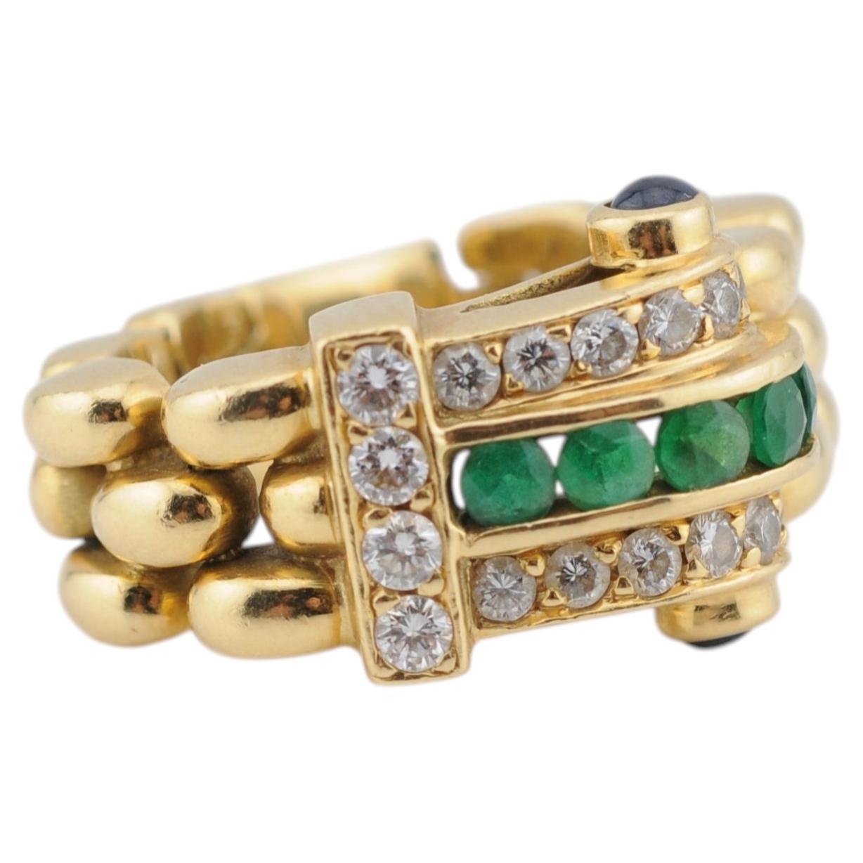 Diamond, Emerald and Sapphire Cabochon Ring in 18 Karat Yellow Gold