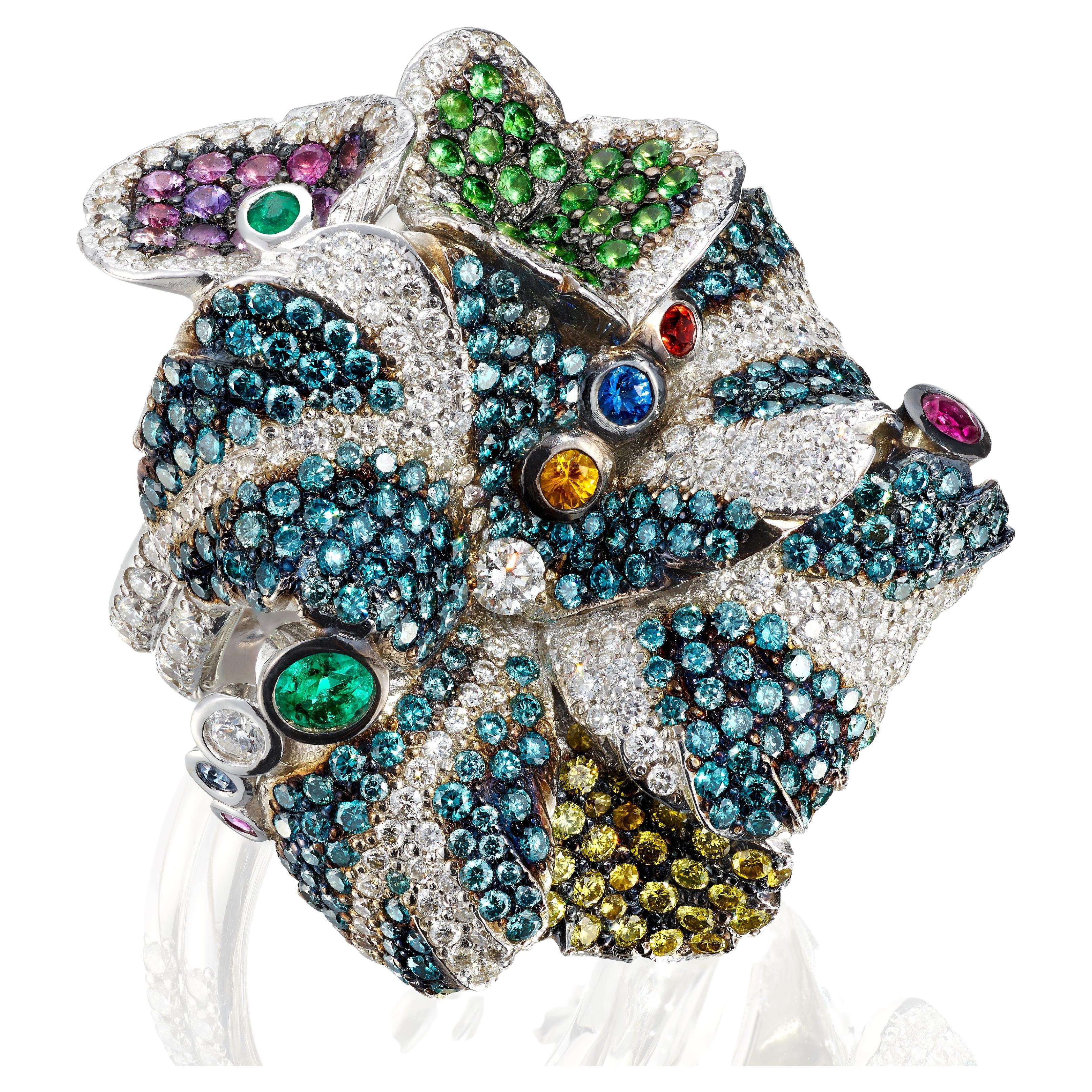 Rosior one-off Diamond, Emerald and Sapphire Cocktail Ring set in White Gold For Sale