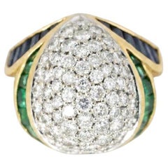 Diamond, Emerald, and Sapphire Pavé Dome Ring