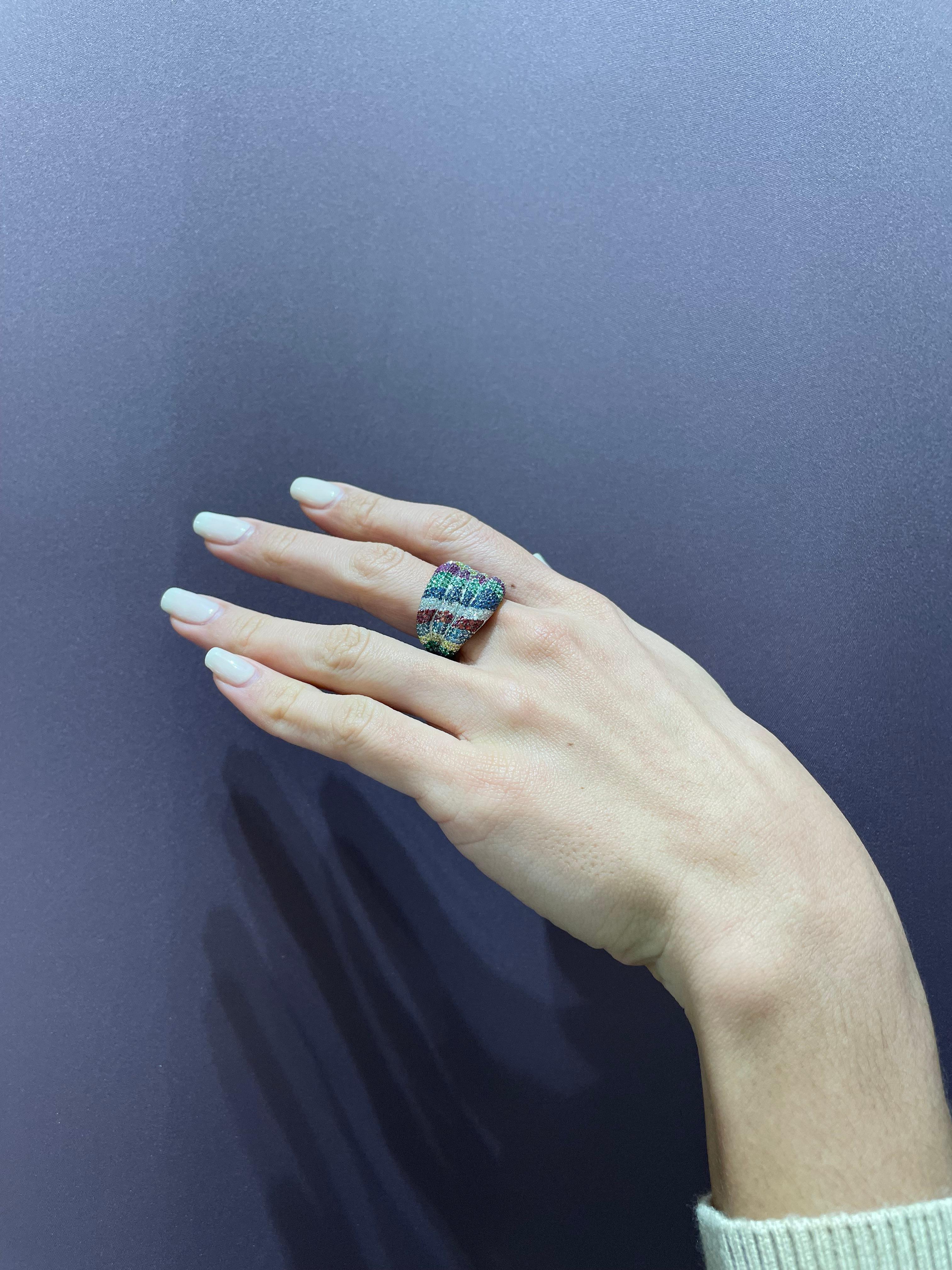 Contemporary Rosior one-off Diamond, Emerald and Sapphire White Gold Cocktail Ring