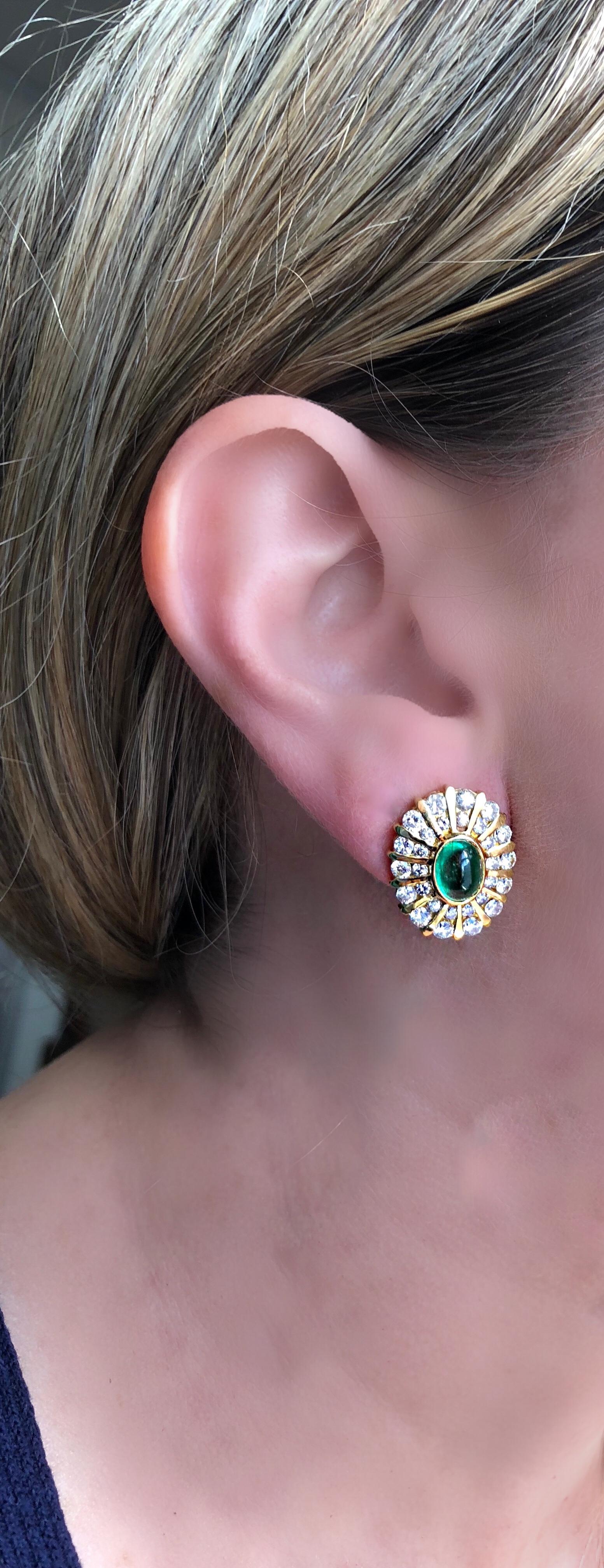 Contemporary Diamond Emerald and Yellow Gold Earrings