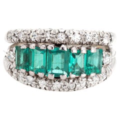 Diamond Emerald Anniversary Ring Retro 18k White Gold 4.75 Band Fine Jewelry