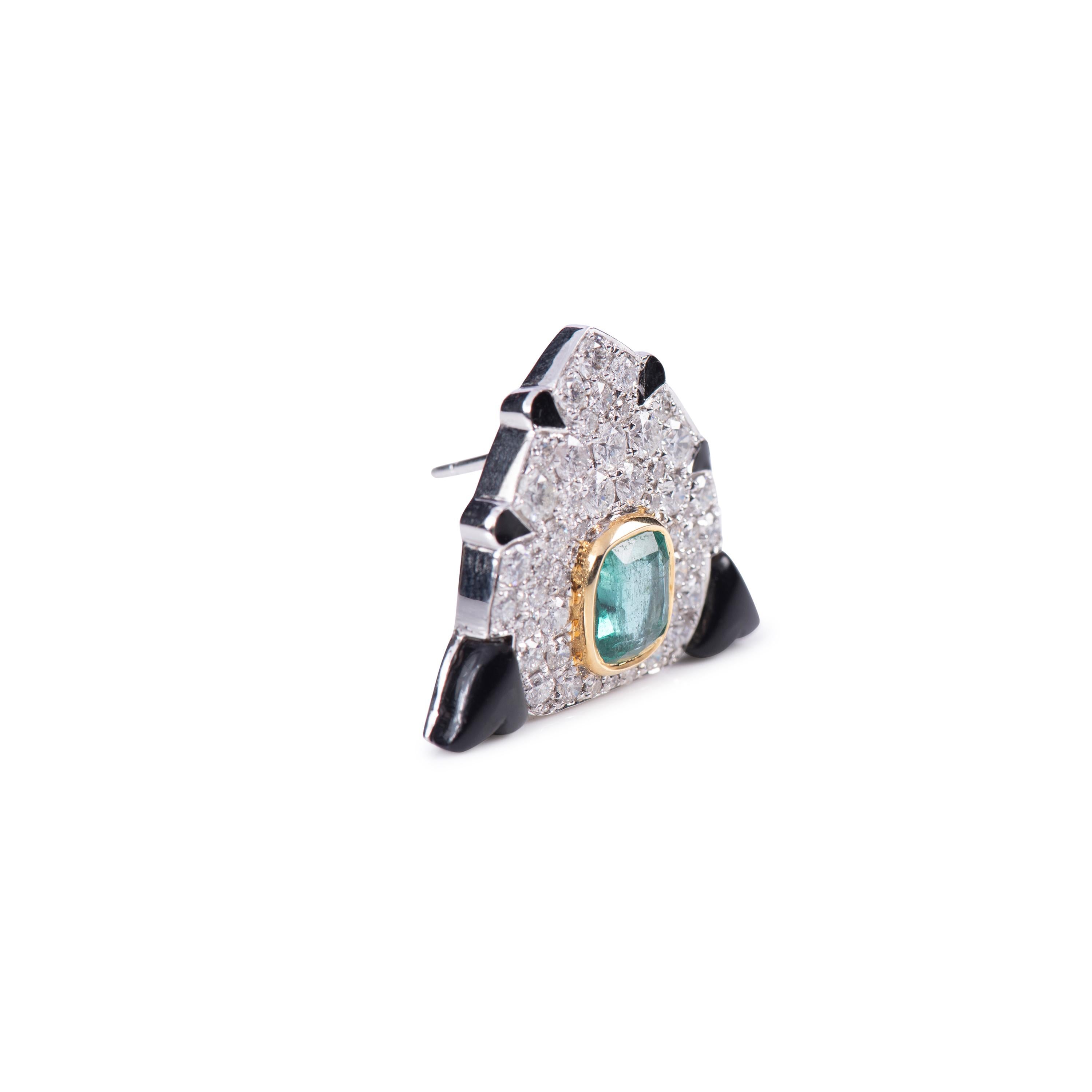 Cushion Cut Diamond Emerald Art Deco Style Black Onyx Earring For Sale