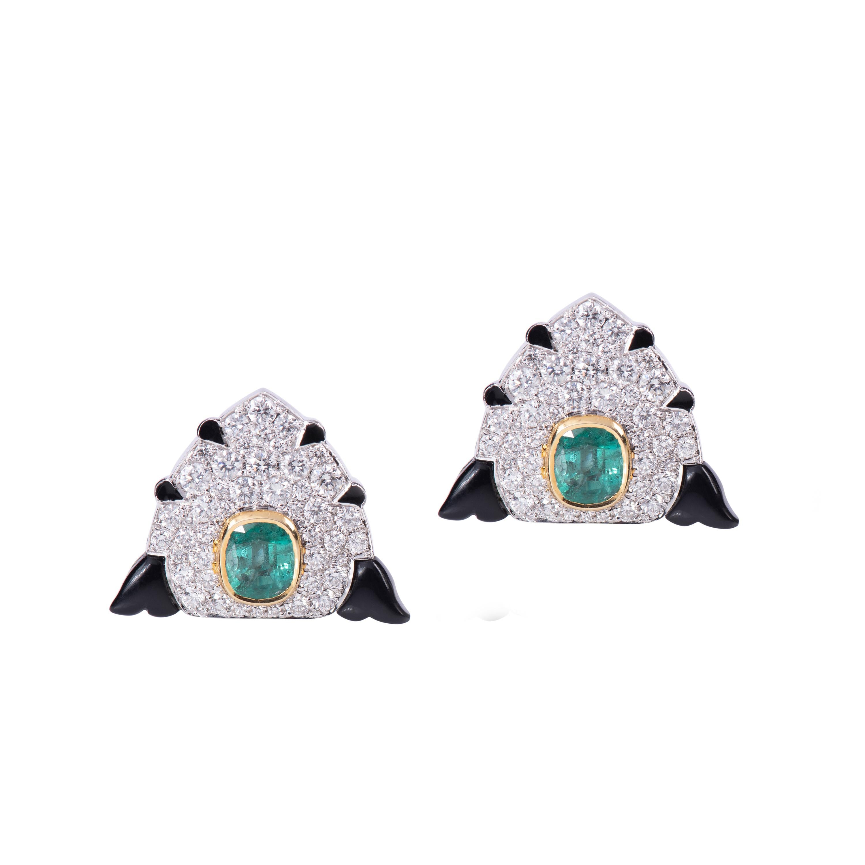 Women's Diamond Emerald Art Deco Style Black Onyx Earring For Sale