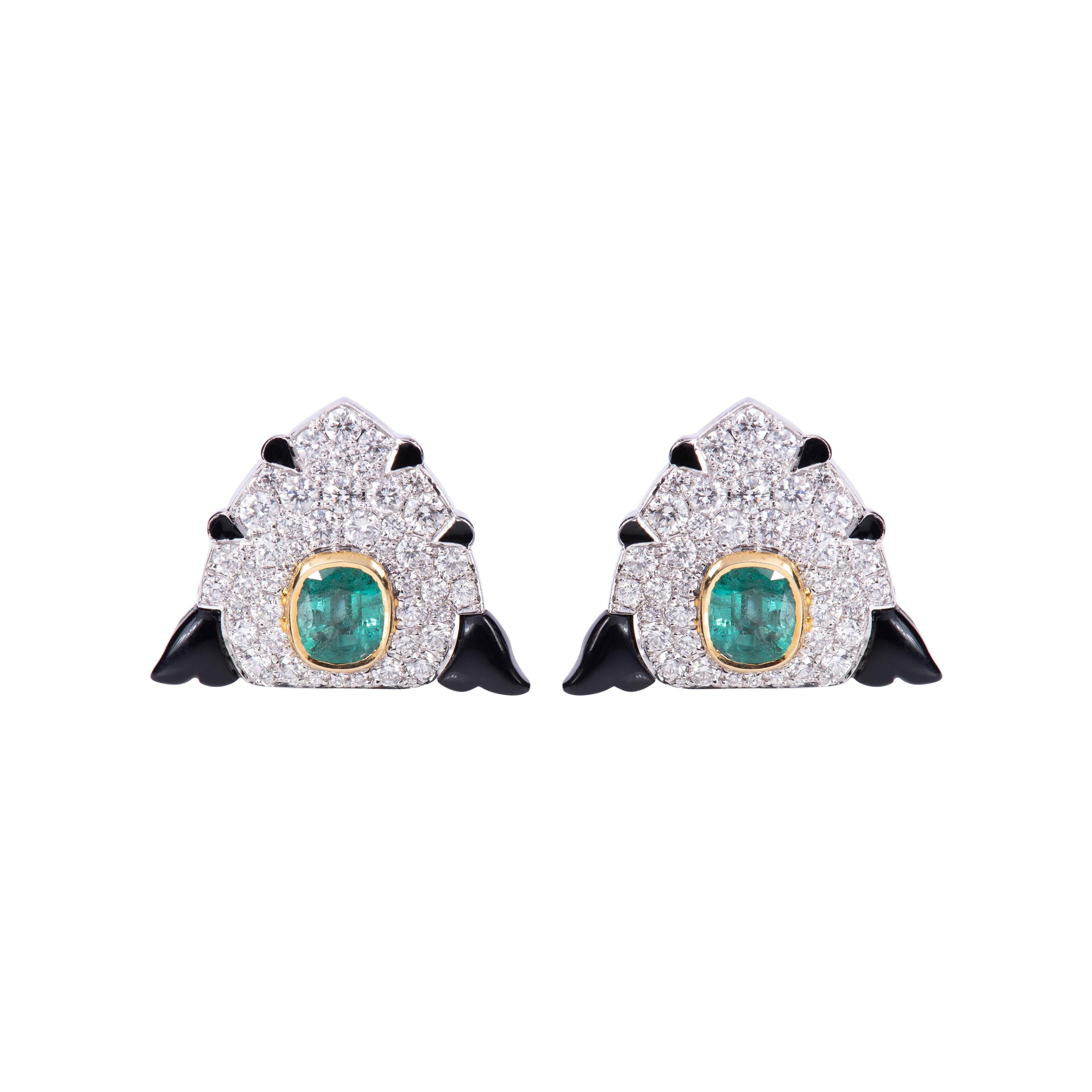 Diamond Emerald Art Deco Style Black Onyx Earring For Sale