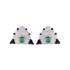Diamond Emerald Art Deco Style Black Onyx Earring