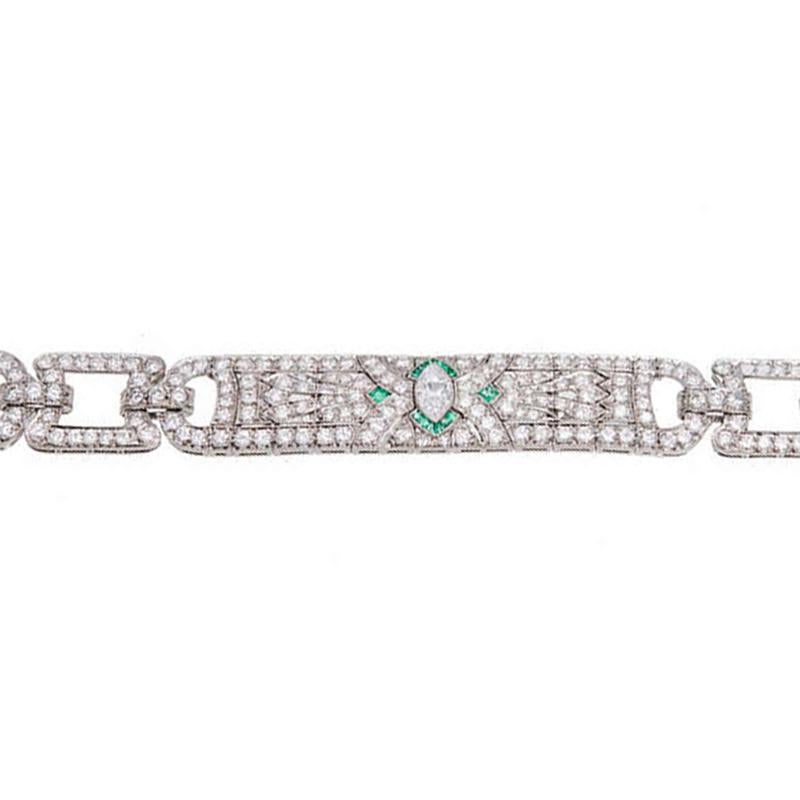 Women's 9 Carat Diamond Emerald Art Deco Platinum Bracelet For Sale