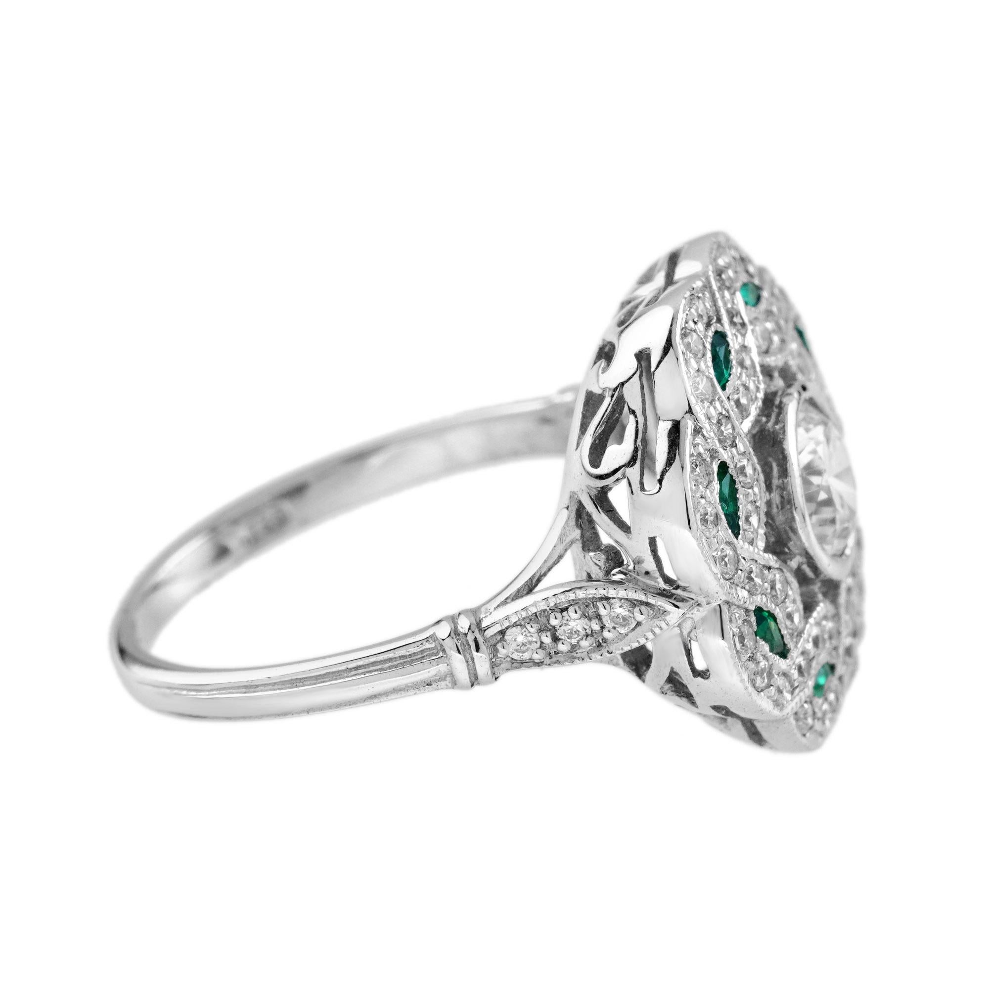 Round Cut Diamond & Emerald Art Deco Style Curl 18K White Gold Ring For Sale