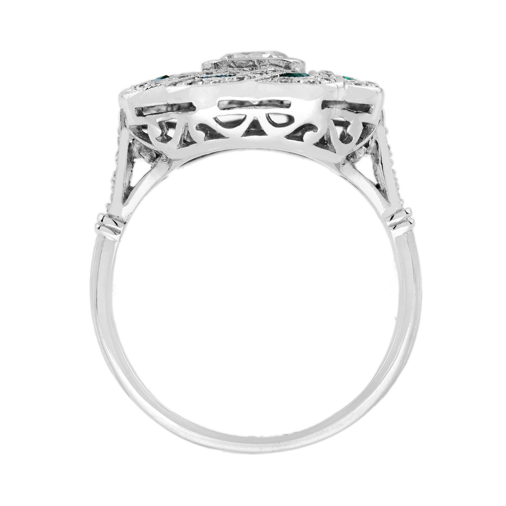 Women's Diamond & Emerald Art Deco Style Curl 18K White Gold Ring For Sale