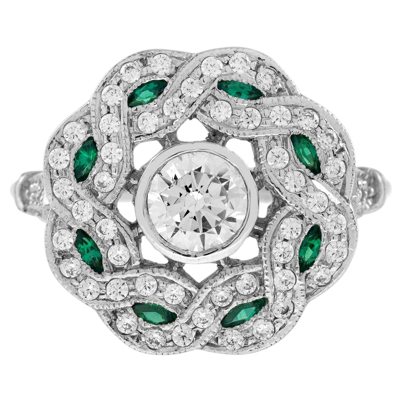 Bague en or blanc 18K avec diamants et émeraudes de style Art Déco Curl