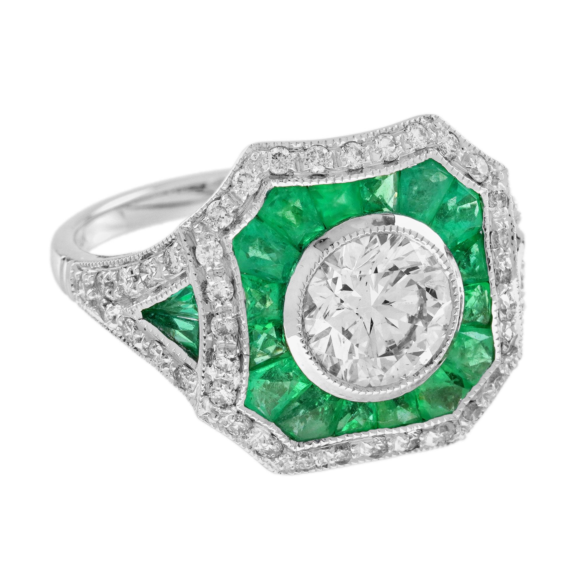 Round Cut Diamond Emerald Art Deco Style Engagement Ring in 18K White Gold