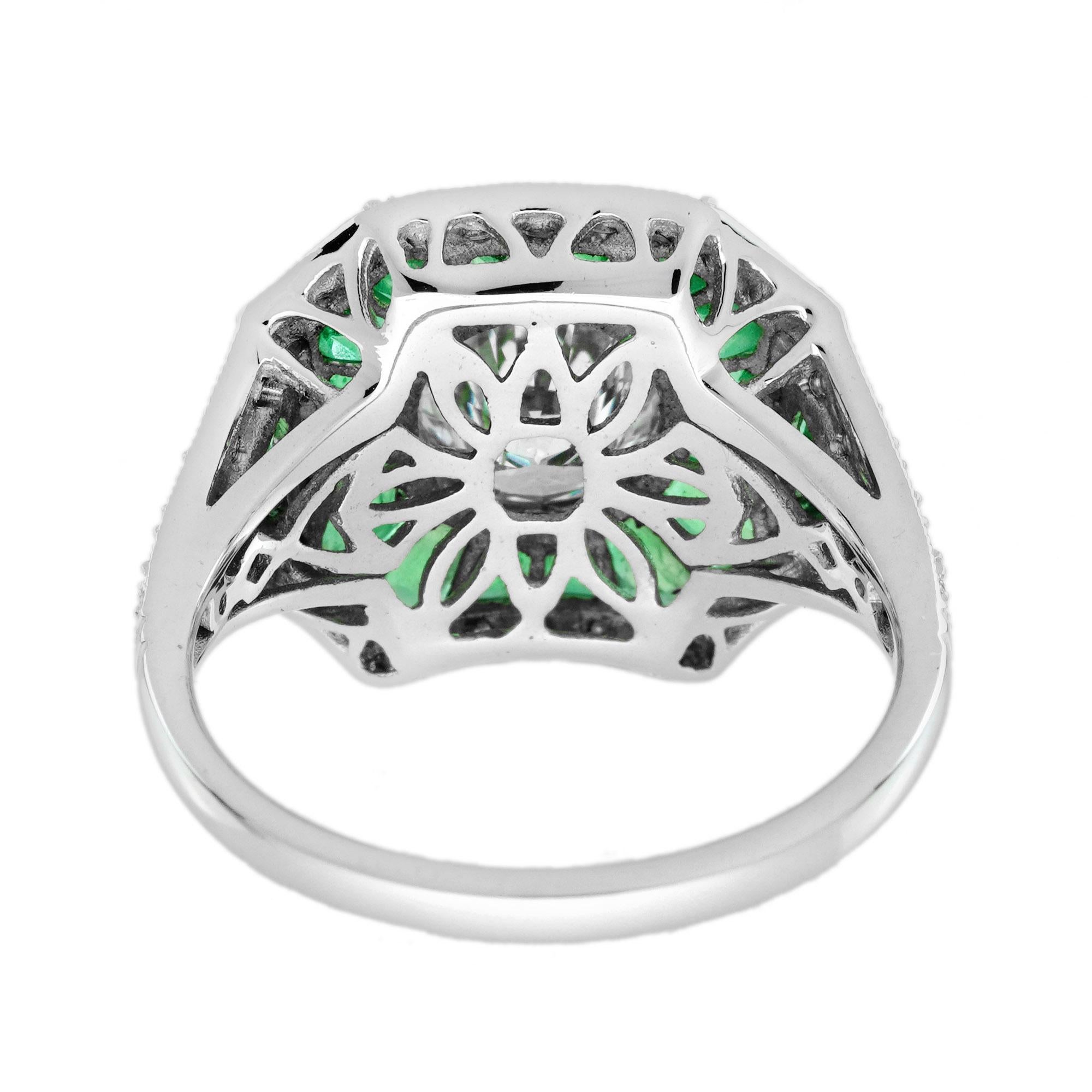 Women's Diamond Emerald Art Deco Style Engagement Ring in 18K White Gold