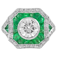 Diamond Emerald Art Deco Style Engagement Ring in 18K White Gold