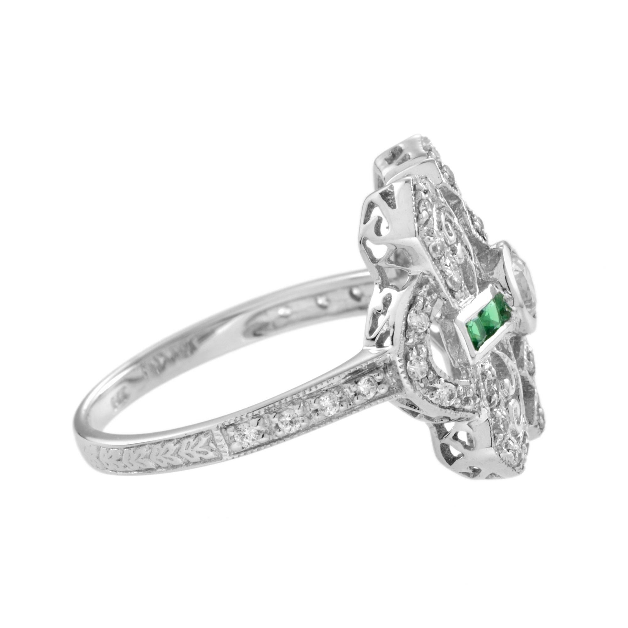 Art déco Diamond & Emerald Art Deco Style Filigree 14K White Gold Ring en vente