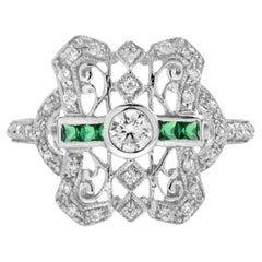 Diamond & Emerald Art Deco Style Filigree 14K White Gold Ring