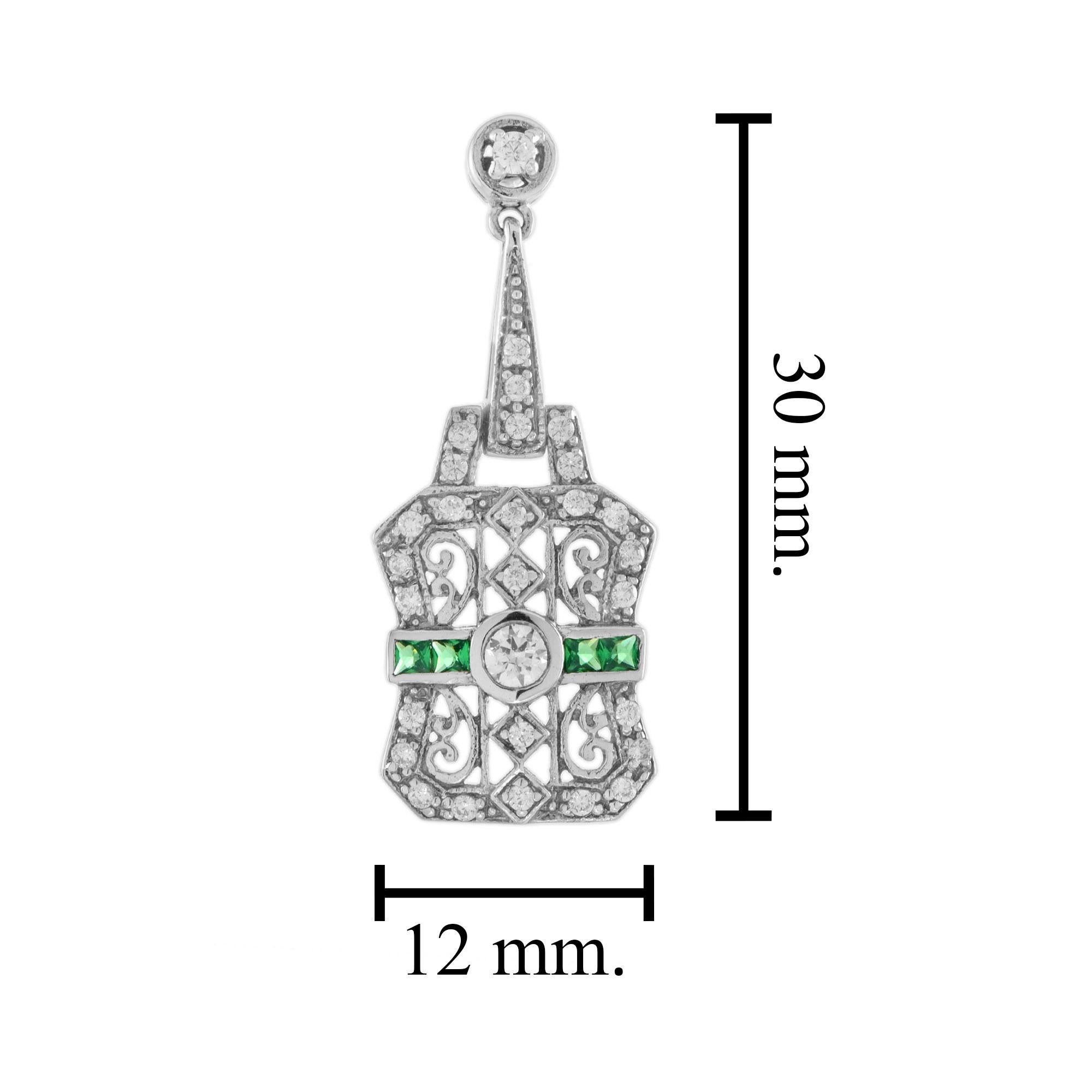 Taille ronde Diamond & Emerald Art Deco Style Filigree Drop 14K White Gold Earrings en vente