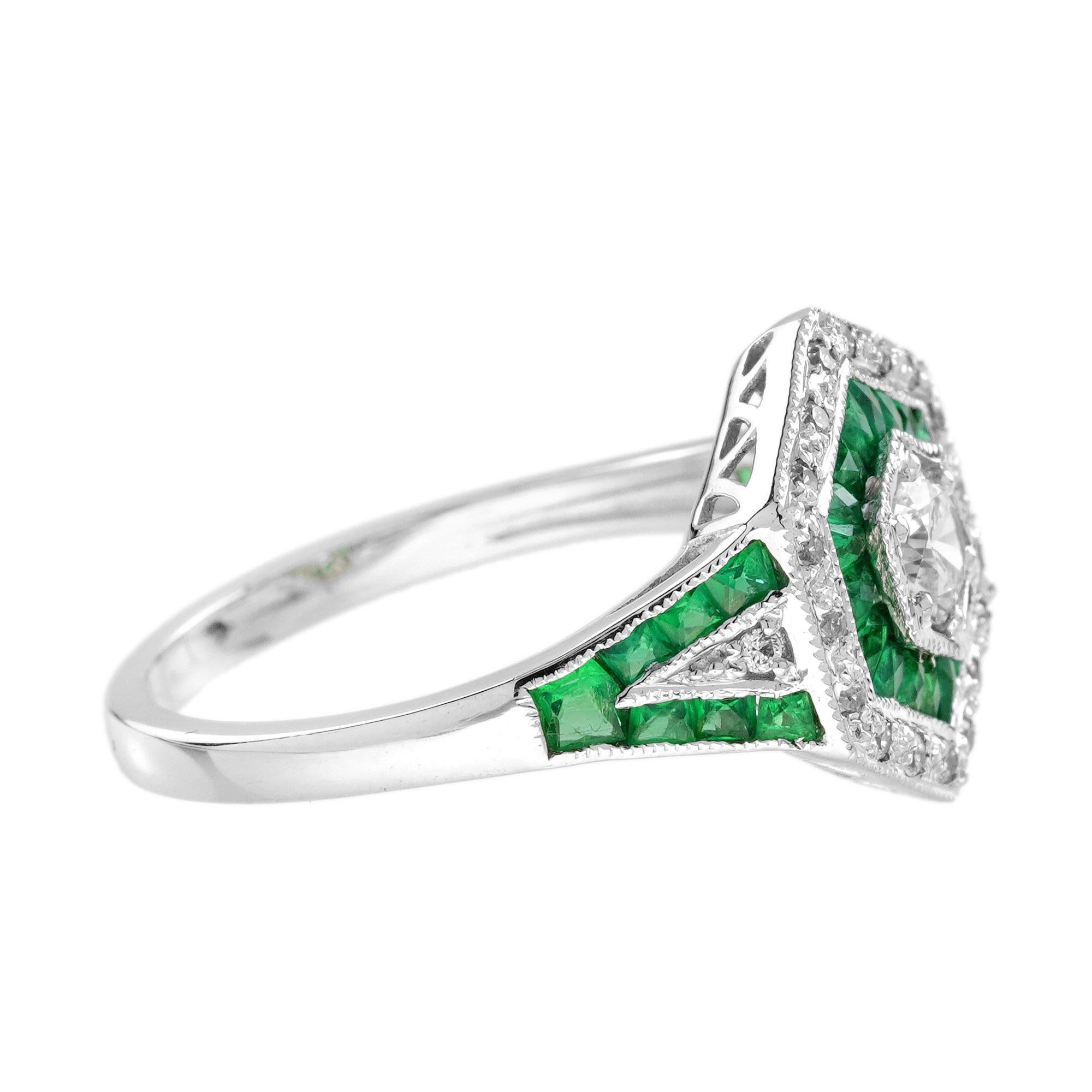 Diamond Emerald Art Deco Style Hexagon Shape Engagement Ring in 18K White Gold In New Condition For Sale In Bangkok, TH