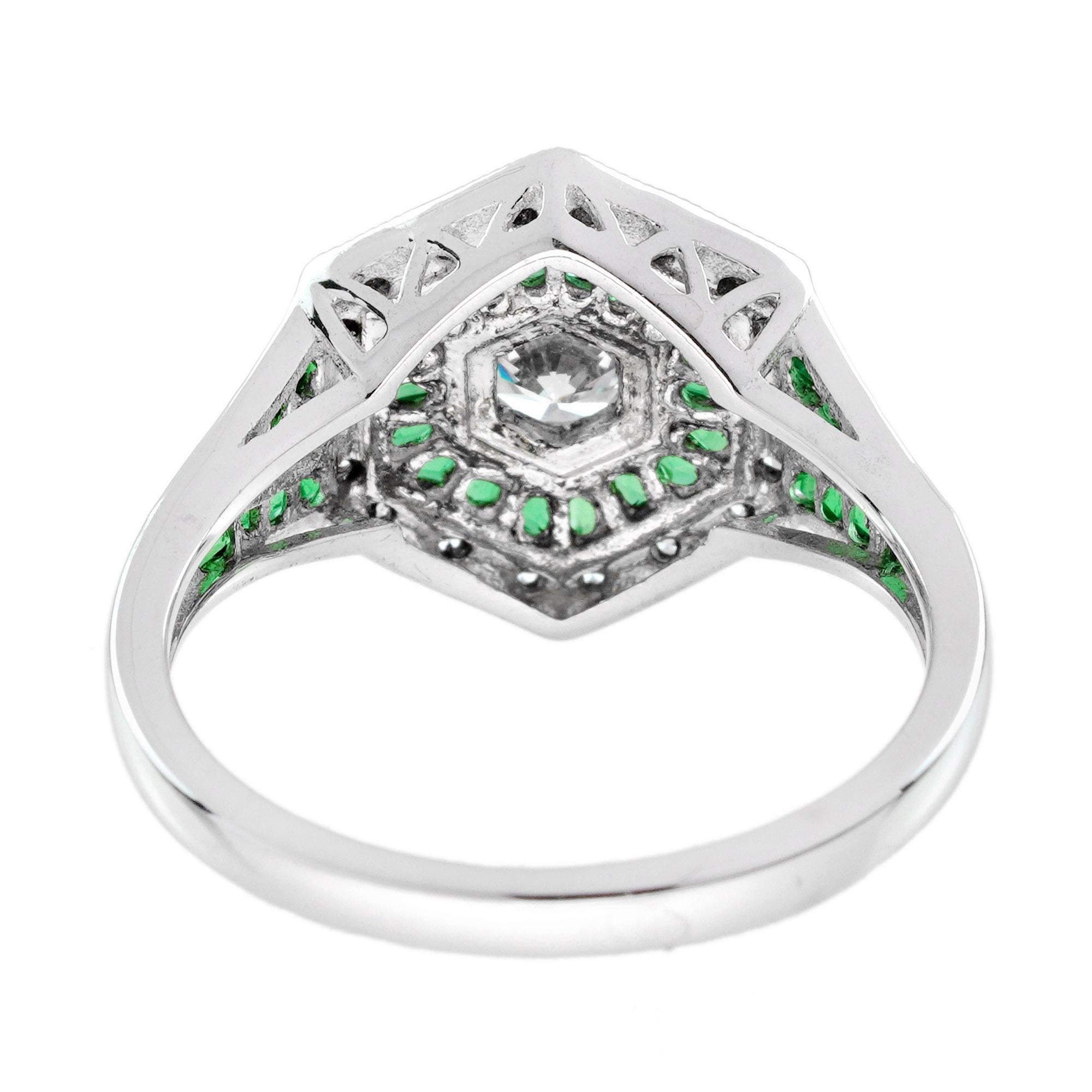 Bague de fiançailles de style Art déco en or blanc 18 carats avec diamants et émeraudes de forme hexagonale Pour femmes en vente