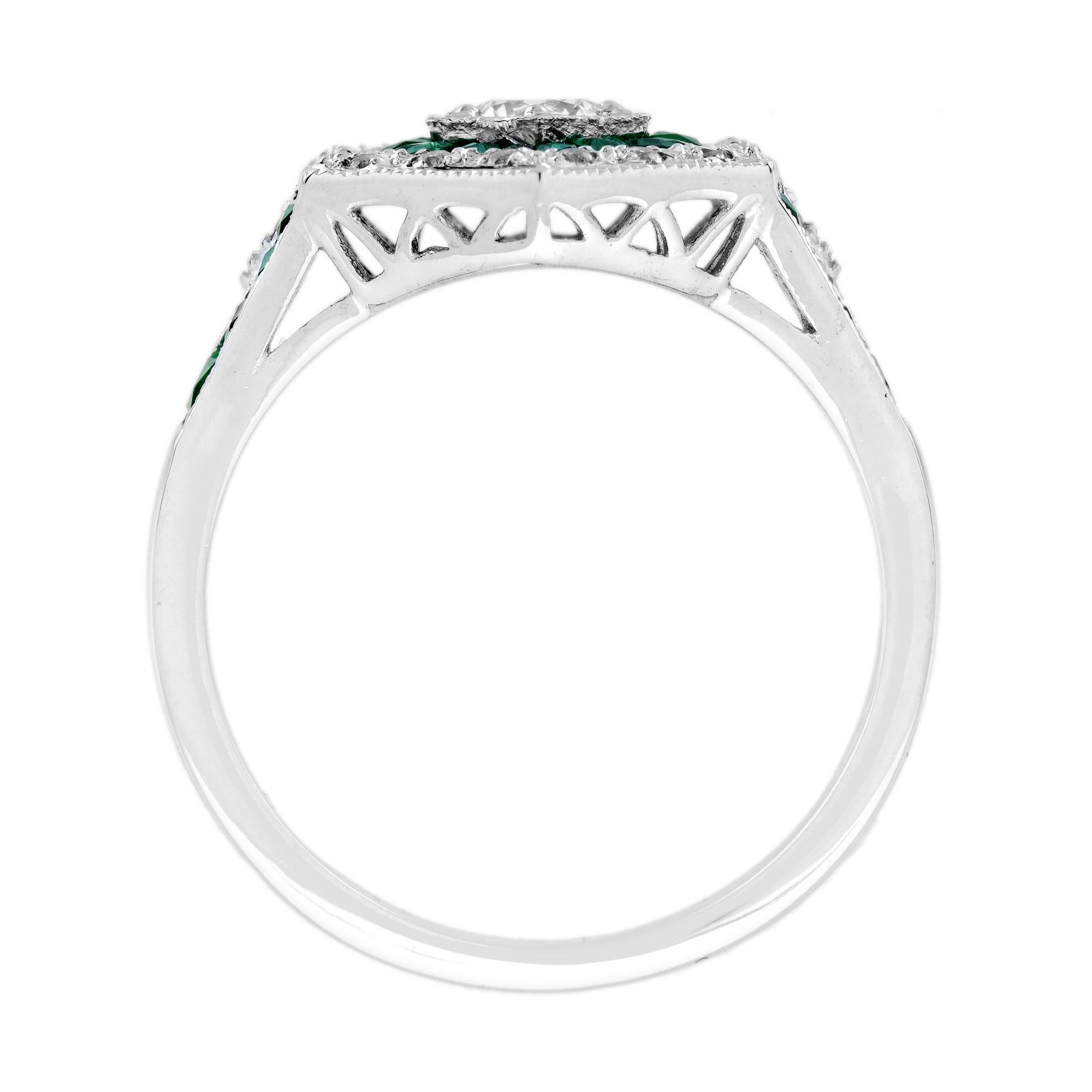 Bague de fiançailles de style Art déco en or blanc 18 carats avec diamants et émeraudes de forme hexagonale en vente 1