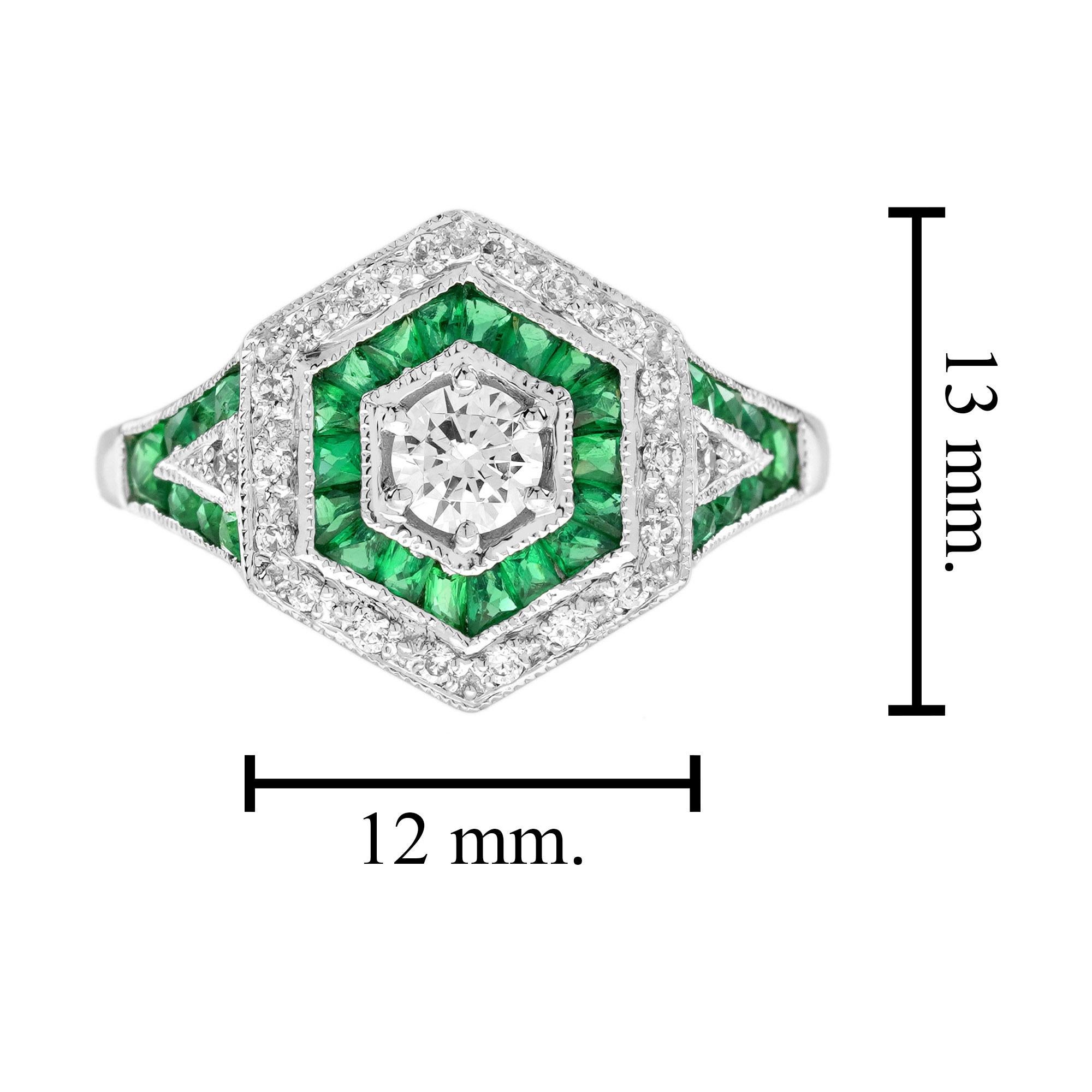 Bague de fiançailles de style Art déco en or blanc 18 carats avec diamants et émeraudes de forme hexagonale en vente 2