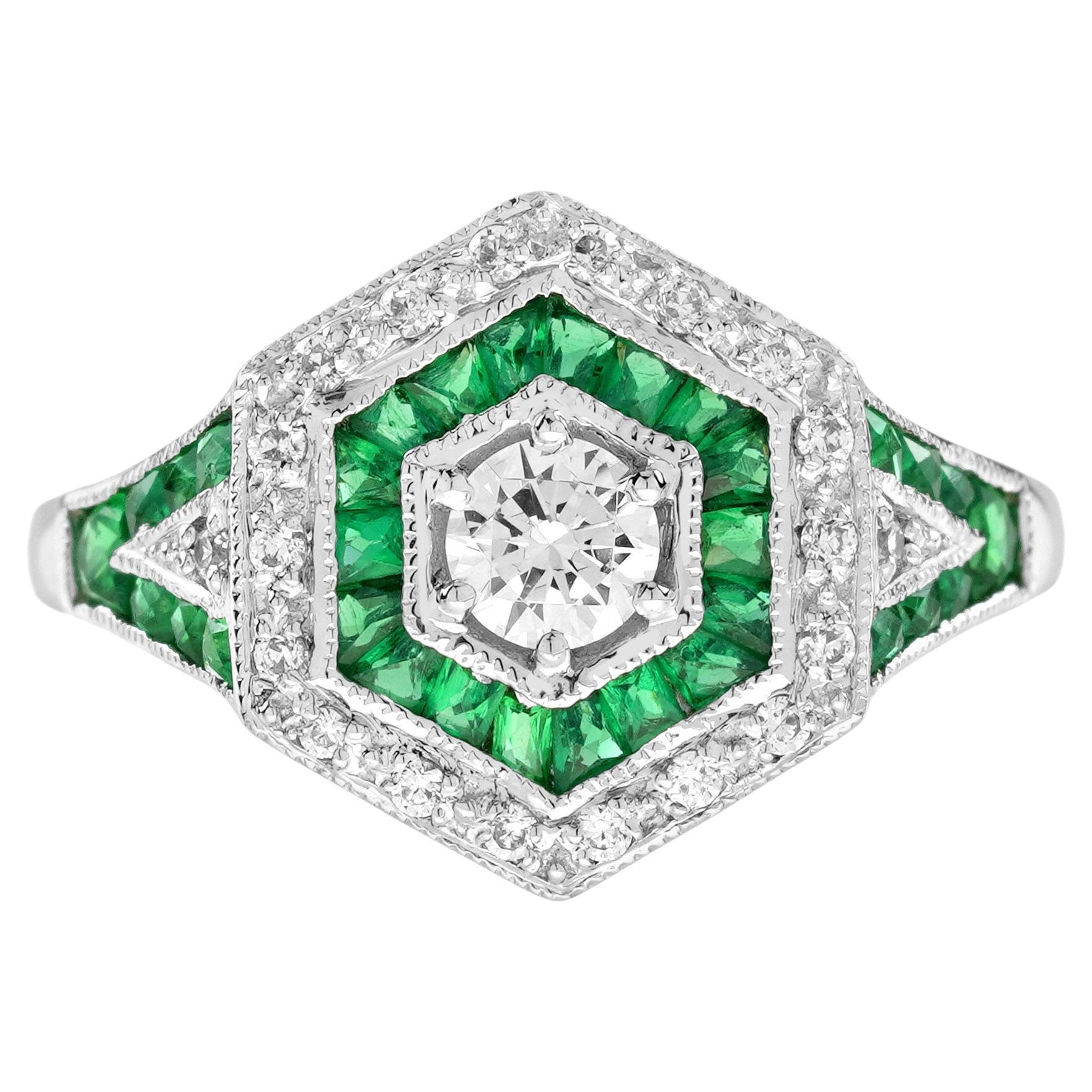Diamond Emerald Art Deco Style Hexagon Shape Engagement Ring in 18K White Gold For Sale