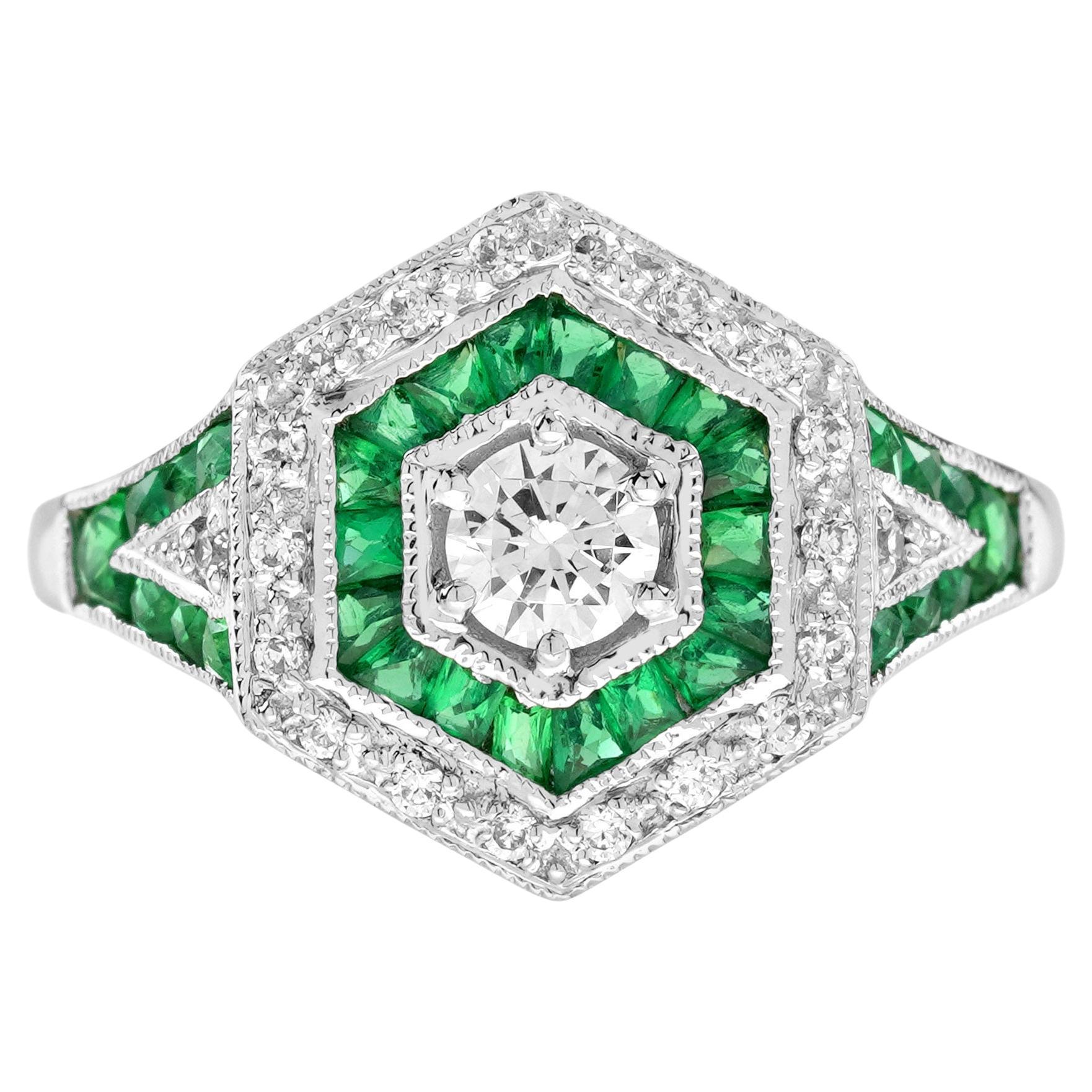 Diamond Emerald Art Deco Style Hexagon Shape Engagement Ring in 18K White Gold