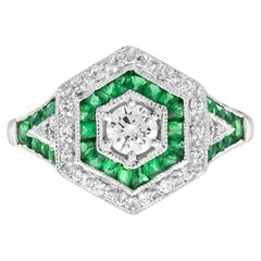 Diamond Emerald Art Deco Style Hexagon Shape Engagement Ring in 18K White Gold