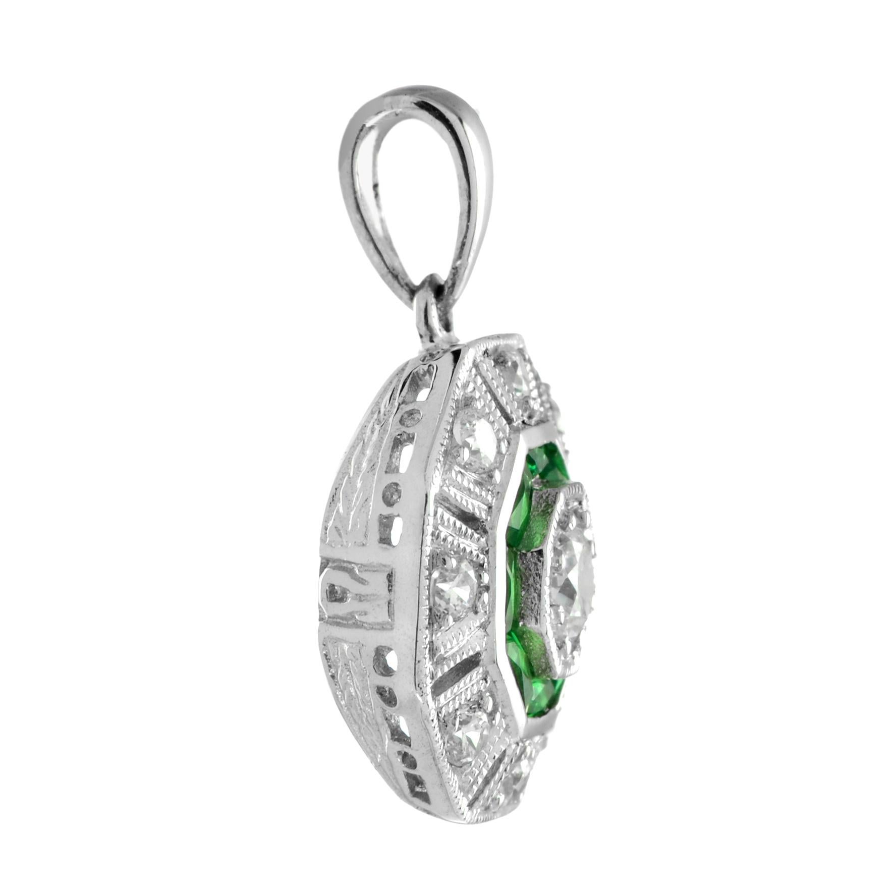 Striking design with a central diamond surrounded by an outer accent of round diamonds. Inside the diamond halo, French-cut emeralds add a rich, vibrant contrast. The entire design is beautifully finished with milgrain edging, adding a touch of
