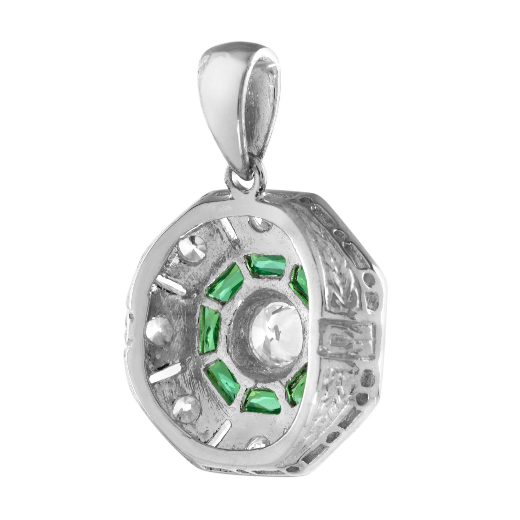 Round Cut Diamond & Emerald Art Deco Style Octagon Shaped 14K White Gold Pendant For Sale