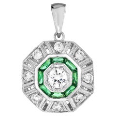 Diamond & Emerald Art Deco Style Octagon Shaped 14K White Gold Pendant
