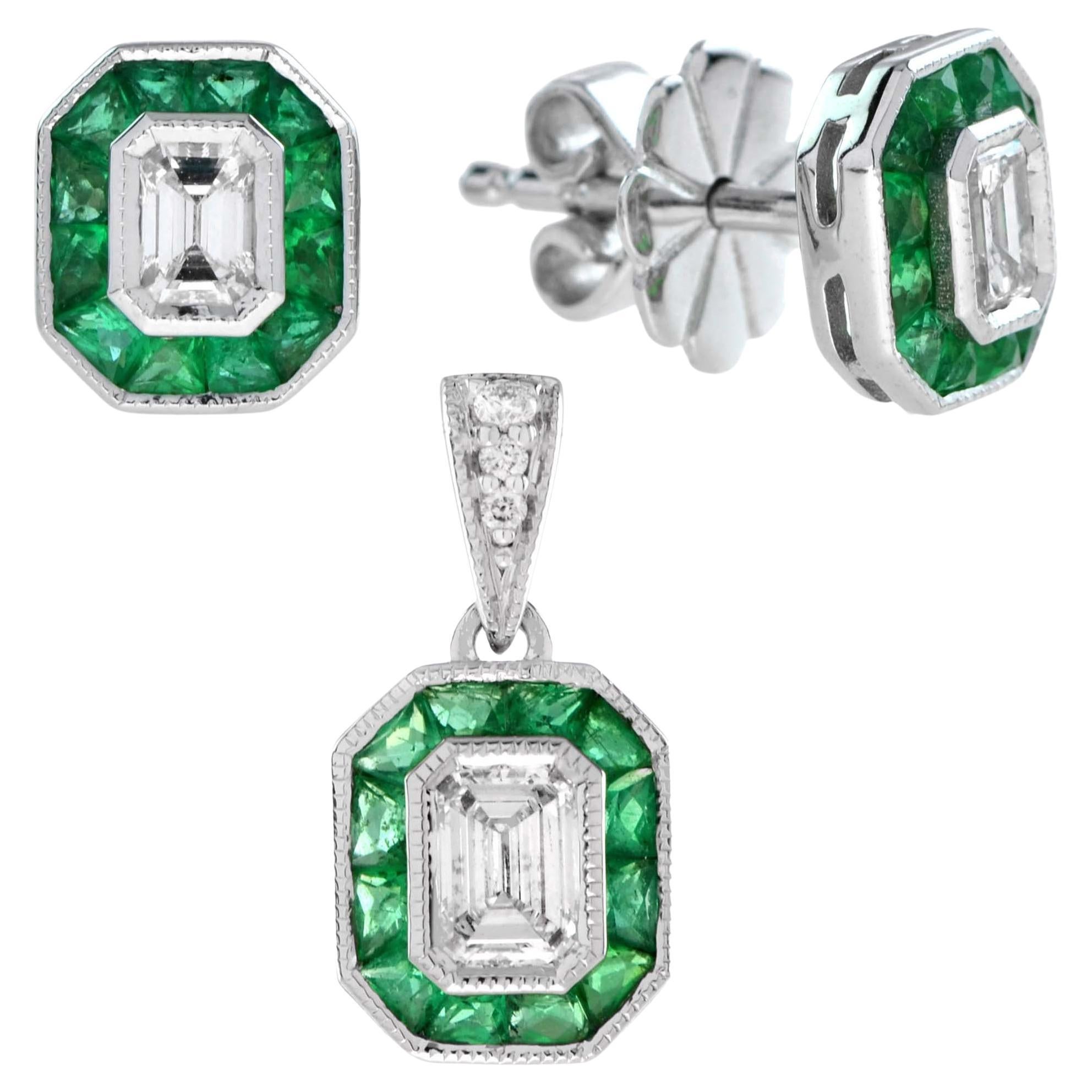 Ciondolo e orecchini con diamante e smeraldo in stile Art Deco in oro 14K