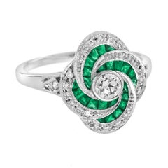 Diamond & Emerald Art Deco Style Swirling Fancy Cut Halo 14K White Gold Ring