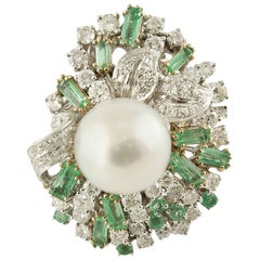 Vintage Diamond  Emerald Australian Pearl White Gold Ring