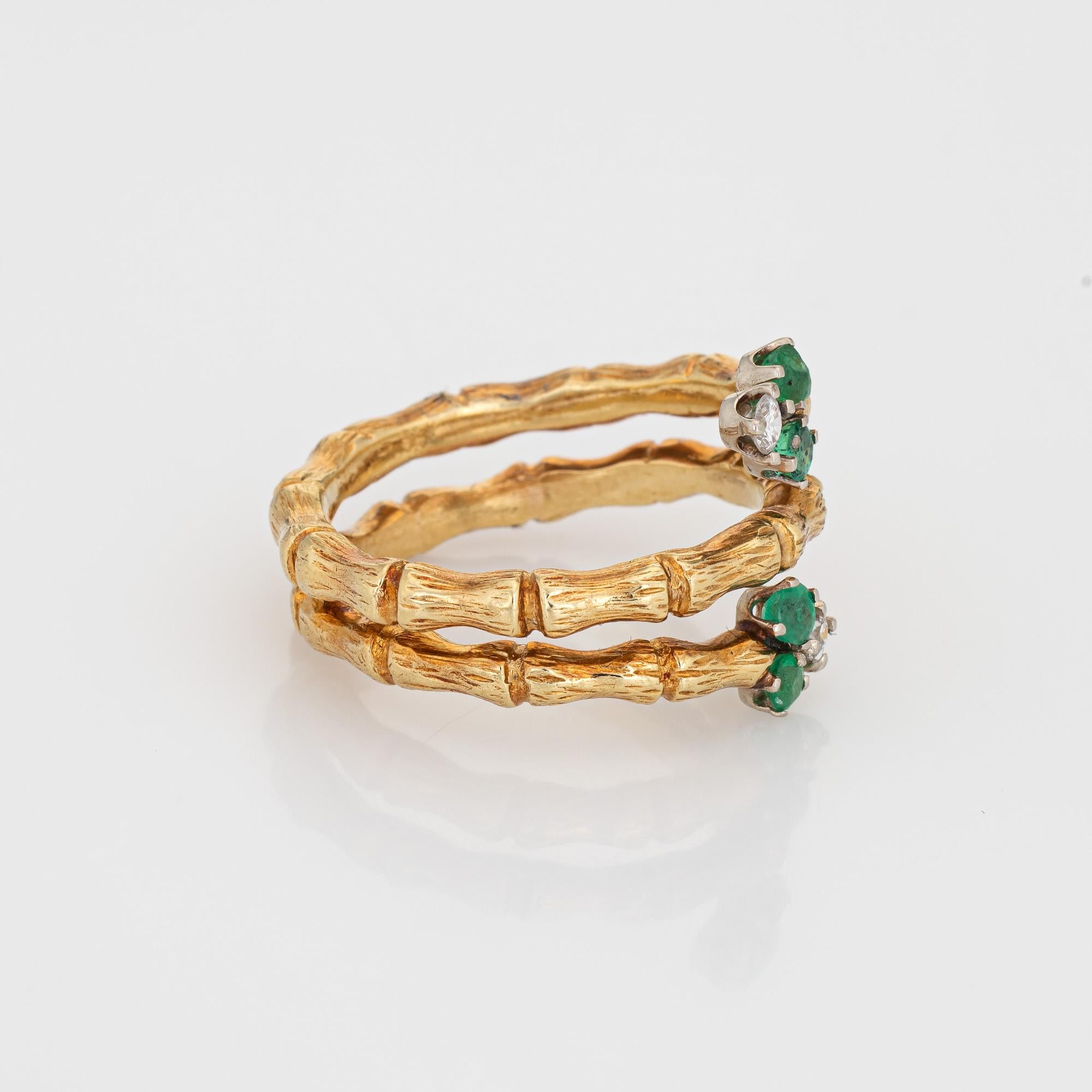 Modern Diamond Emerald Bamboo Ring Vintage 18k Yellow Gold Bypass Band Jewelry