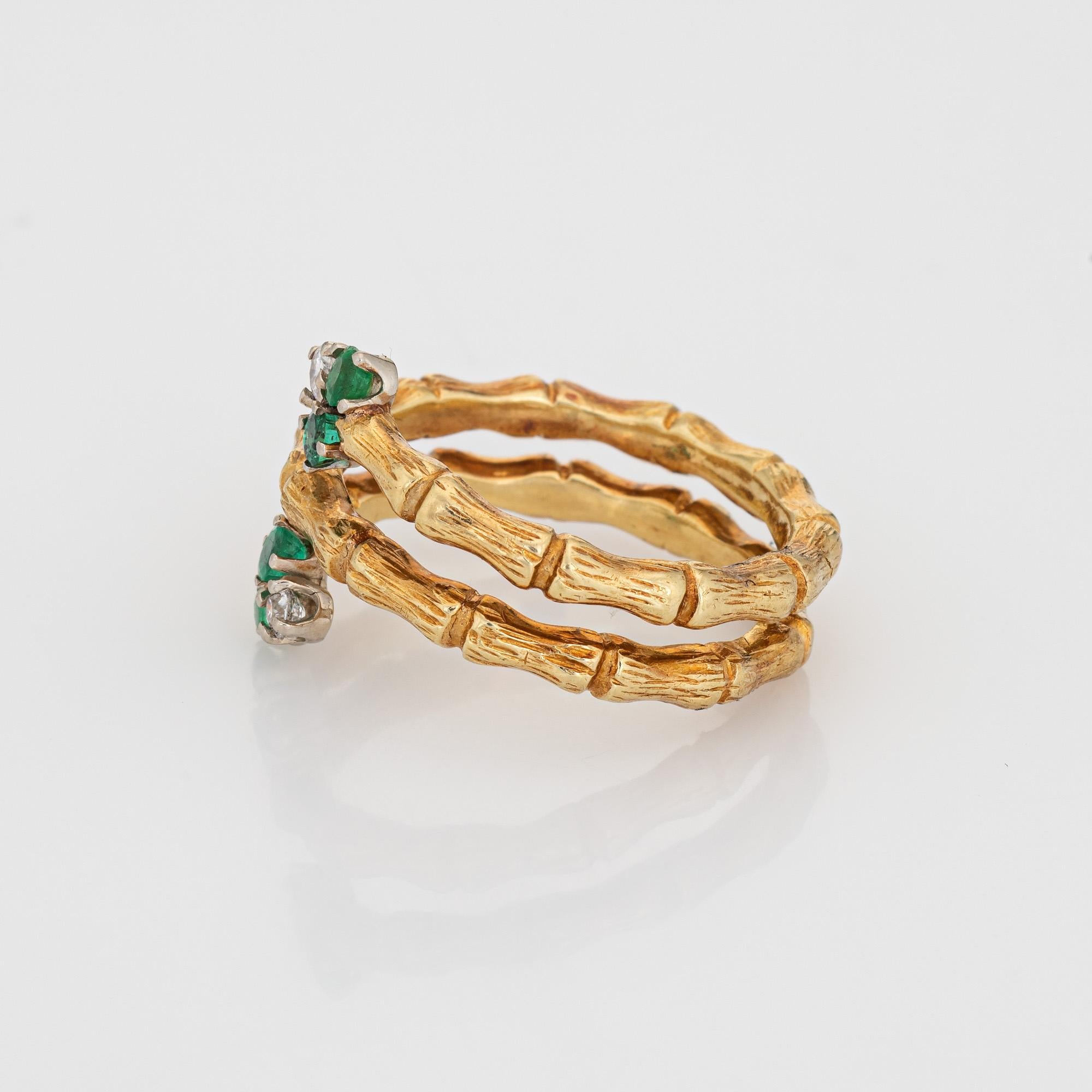 Round Cut Diamond Emerald Bamboo Ring Vintage 18k Yellow Gold Bypass Band Jewelry