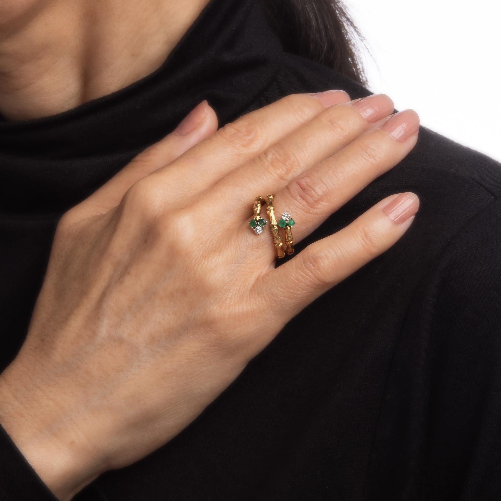 Women's Diamond Emerald Bamboo Ring Vintage 18k Yellow Gold Bypass Band Jewelry