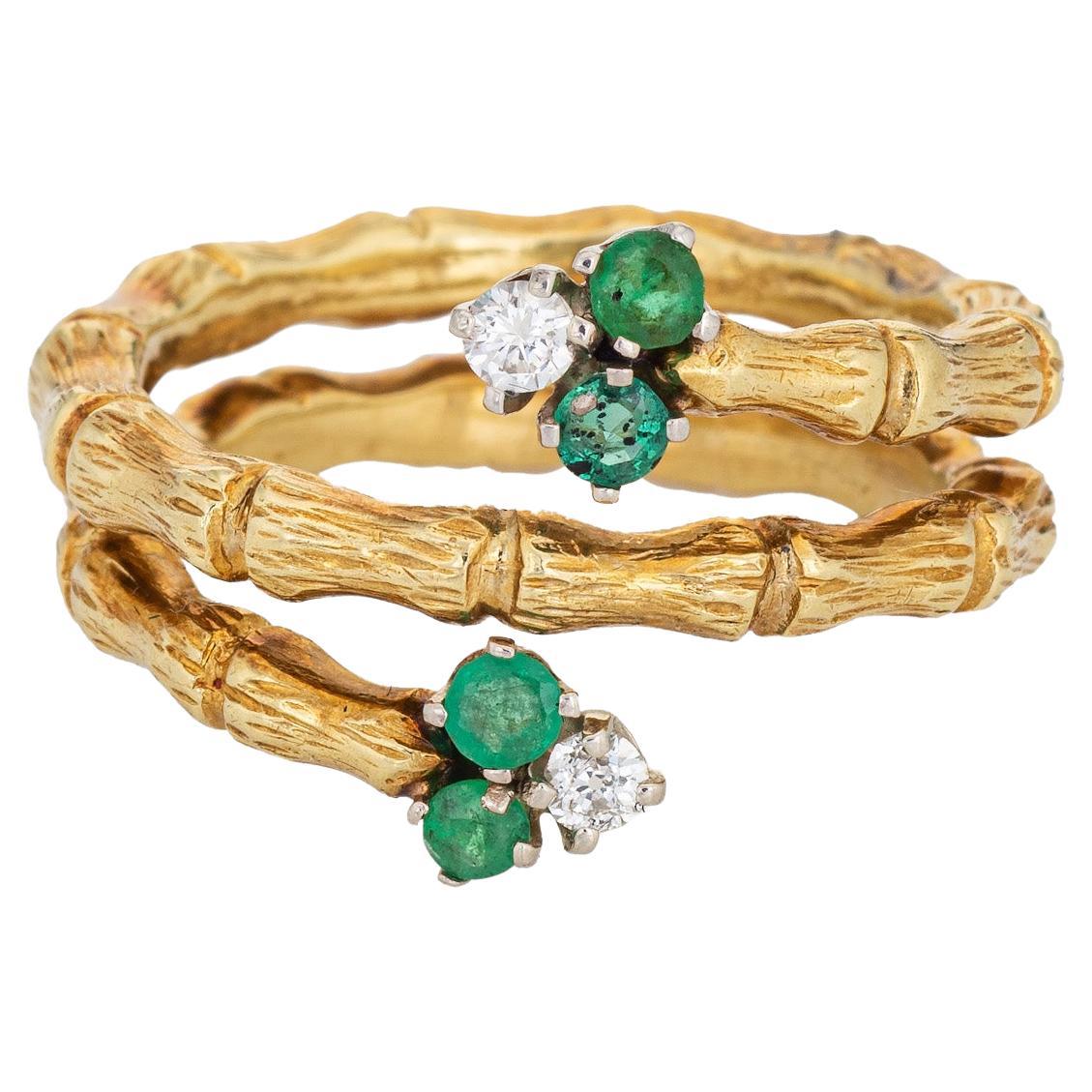 Diamond Emerald Bamboo Ring Vintage 18k Yellow Gold Bypass Band Jewelry