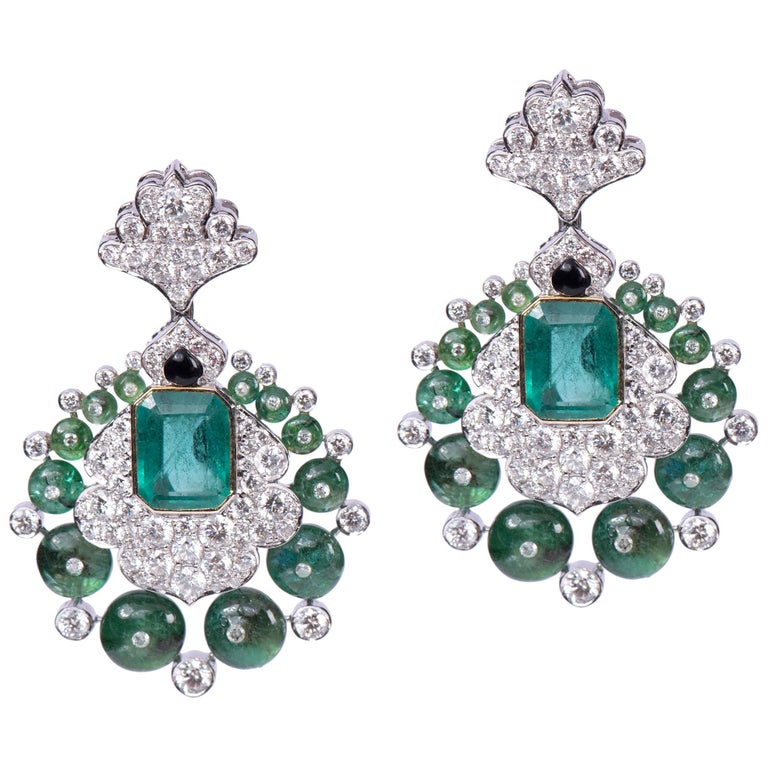 Diamond Emerald Beads Onyx Earring For Sale at 1stDibs